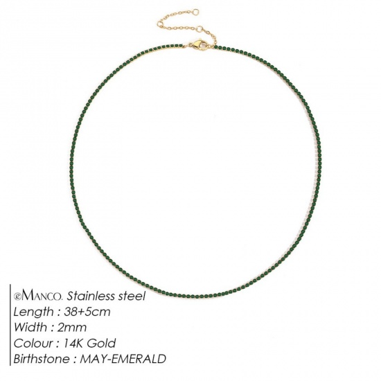 Picture of Wholesale Green Rhinestone May Birthstone Choker Necklace, 14K Gold Plated 304 Stainless Steel Women's Eco-friendly PVD Vacuum Plating Stylish Minimalist Gift Jewelry For Retailer, 38cm(15") + 5cm(2") long, 1 Piece