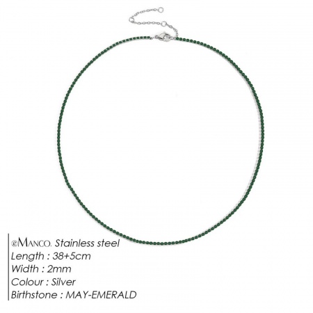 Picture of Wholesale Green Rhinestone May Birthstone Choker Necklace, Silver Tone 304 Stainless Steel Women's Eco-friendly Stylish Minimalist Gift Jewelry For Retailer, 38cm(15") + 5cm(2") long, 1 Piece