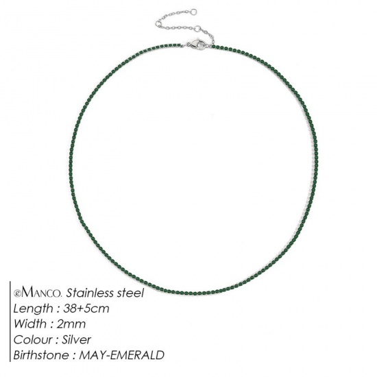 Picture of Wholesale Green Rhinestone May Birthstone Choker Necklace, Silver Tone 304 Stainless Steel Women's Eco-friendly Stylish Minimalist Gift Jewelry For Retailer, 38cm(15") + 5cm(2") long, 1 Piece