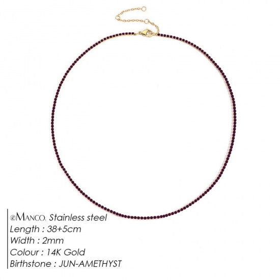 Picture of Wholesale Purple Rhinestone June Birthstone Choker Necklace, 14K Gold Plated 304 Stainless Steel Women's Eco-friendly PVD Vacuum Plating Stylish Minimalist Gift Jewelry For Retailer, 38cm(15") + 5cm(2") long, 1 Piece