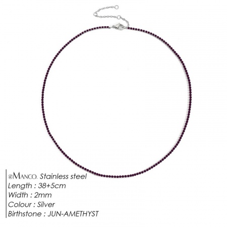 Picture of Wholesale Purple Rhinestone June Birthstone Choker Necklace, Silver Tone 304 Stainless Steel Women's Eco-friendly Stylish Minimalist Gift Jewelry For Retailer, 38cm(15") + 5cm(2") long, 1 Piece