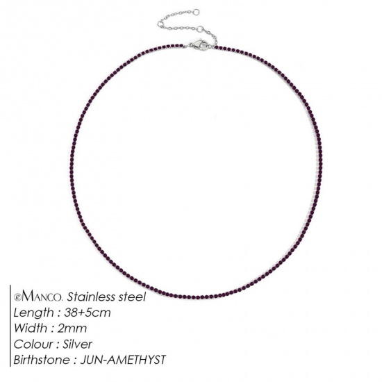Picture of Wholesale Purple Rhinestone June Birthstone Choker Necklace, Silver Tone 304 Stainless Steel Women's Eco-friendly Stylish Minimalist Gift Jewelry For Retailer, 38cm(15") + 5cm(2") long, 1 Piece