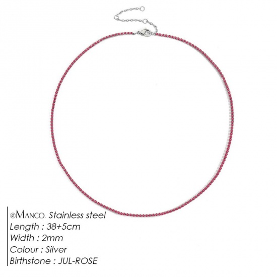 Picture of Wholesale Fuchsia Rhinestone July Birthstone Choker Necklace, Silver Tone 304 Stainless Steel Women's Eco-friendly Stylish Minimalist Gift Jewelry For Retailer, 38cm(15") + 5cm(2") long, 1 Piece