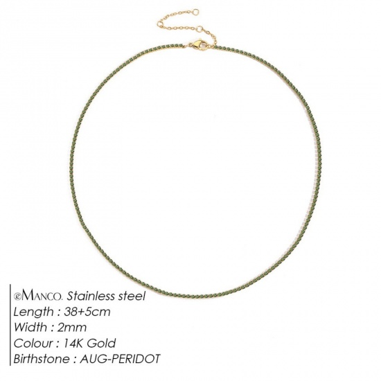 Picture of Wholesale Light Green Rhinestone August Birthstone Choker Necklace, 14K Gold Plated 304 Stainless Steel Women's Eco-friendly PVD Vacuum Plating Stylish Minimalist Gift Jewelry For Retailer, 38cm(15") + 5cm(2") long, 1 Piece