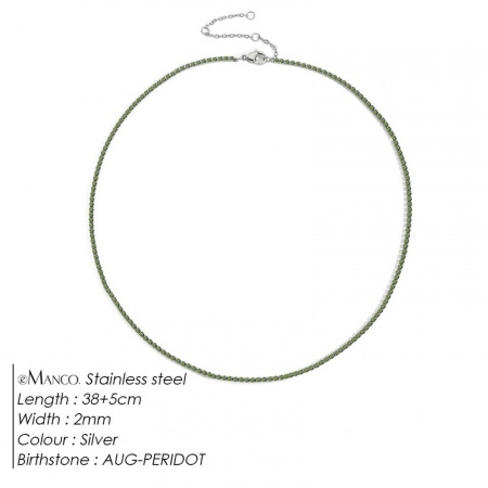 Picture of Wholesale Light Green Rhinestone August Birthstone Choker Necklace, Silver Tone 304 Stainless Steel Women's Eco-friendly Stylish Minimalist Gift Jewelry For Retailer, 38cm(15") + 5cm(2") long, 1 Piece
