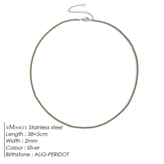 Picture of Wholesale Light Green Rhinestone August Birthstone Choker Necklace, Silver Tone 304 Stainless Steel Women's Eco-friendly Stylish Minimalist Gift Jewelry For Retailer, 38cm(15") + 5cm(2") long, 1 Piece