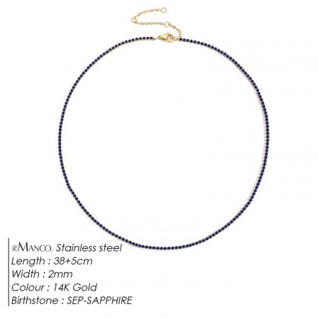 Picture of Wholesale Royal Blue Rhinestone September Birthstone Choker Necklace, 14K Gold Plated 304 Stainless Steel Women's Eco-friendly PVD Vacuum Plating Stylish Minimalist Gift Jewelry For Retailer, 38cm(15") + 5cm(2") long, 1 Piece