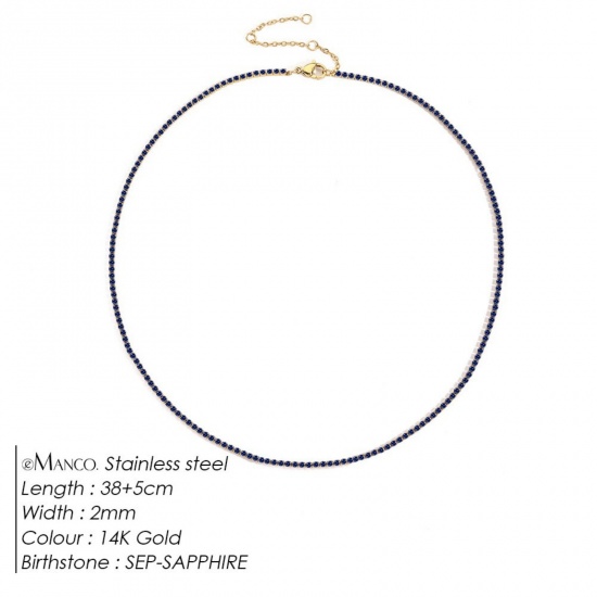 Picture of Wholesale Royal Blue Rhinestone September Birthstone Choker Necklace, 14K Gold Plated 304 Stainless Steel Women's Eco-friendly PVD Vacuum Plating Stylish Minimalist Gift Jewelry For Retailer, 38cm(15") + 5cm(2") long, 1 Piece