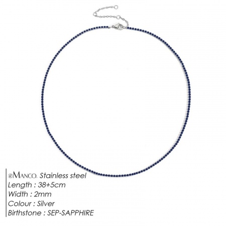 Picture of Wholesale Royal Blue Rhinestone September Birthstone Choker Necklace, Silver Tone 304 Stainless Steel Women's Eco-friendly Stylish Minimalist Gift Jewelry For Retailer, 38cm(15") + 5cm(2") long, 1 Piece