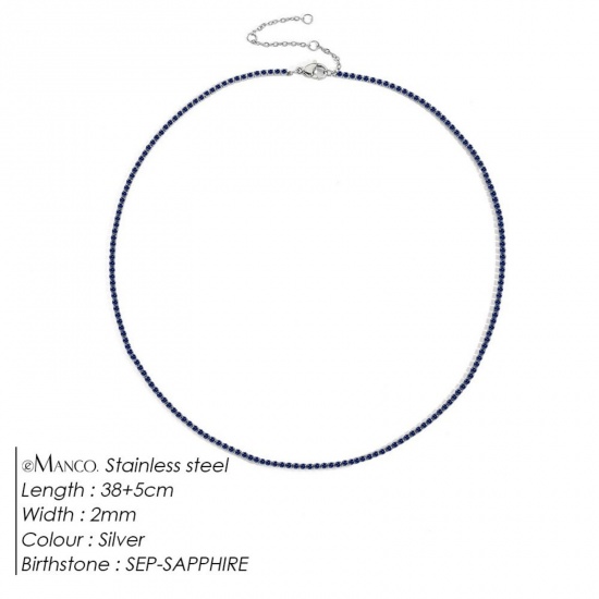 Picture of Wholesale Royal Blue Rhinestone September Birthstone Choker Necklace, Silver Tone 304 Stainless Steel Women's Eco-friendly Stylish Minimalist Gift Jewelry For Retailer, 38cm(15") + 5cm(2") long, 1 Piece