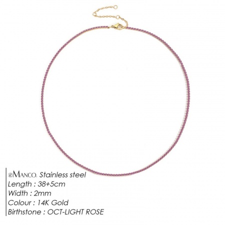 Picture of Wholesale Pink Rhinestone October Birthstone Choker Necklace, 14K Gold Plated 304 Stainless Steel Women's Eco-friendly PVD Vacuum Plating Stylish Minimalist Gift Jewelry For Retailer, 38cm(15") + 5cm(2") long, 1 Piece