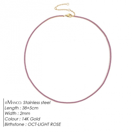 Picture of Wholesale Pink Rhinestone October Birthstone Choker Necklace, 14K Gold Plated 304 Stainless Steel Women's Eco-friendly PVD Vacuum Plating Stylish Minimalist Gift Jewelry For Retailer, 38cm(15") + 5cm(2") long, 1 Piece