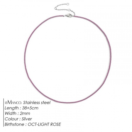 Picture of Wholesale Pink Rhinestone October Birthstone Choker Necklace, Silver Tone 304 Stainless Steel Women's Eco-friendly Stylish Minimalist Gift Jewelry For Retailer, 38cm(15") + 5cm(2") long, 1 Piece