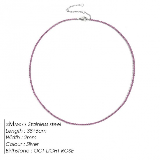 Picture of Wholesale Pink Rhinestone October Birthstone Choker Necklace, Silver Tone 304 Stainless Steel Women's Eco-friendly Stylish Minimalist Gift Jewelry For Retailer, 38cm(15") + 5cm(2") long, 1 Piece