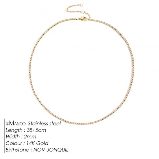 Picture of Wholesale Light Yellow Rhinestone November Birthstone Choker Necklace, 14K Gold Plated 304 Stainless Steel Women's Eco-friendly PVD Vacuum Plating Stylish Minimalist Gift Jewelry For Retailer, 38cm(15") + 5cm(2") long, 1 Piece