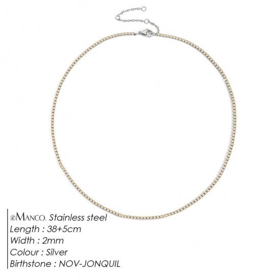Picture of Wholesale Light Yellow Rhinestone November Birthstone Choker Necklace, Silver Tone 304 Stainless Steel Women's Eco-friendly Stylish Minimalist Gift Jewelry For Retailer, 38cm(15") + 5cm(2") long, 1 Piece