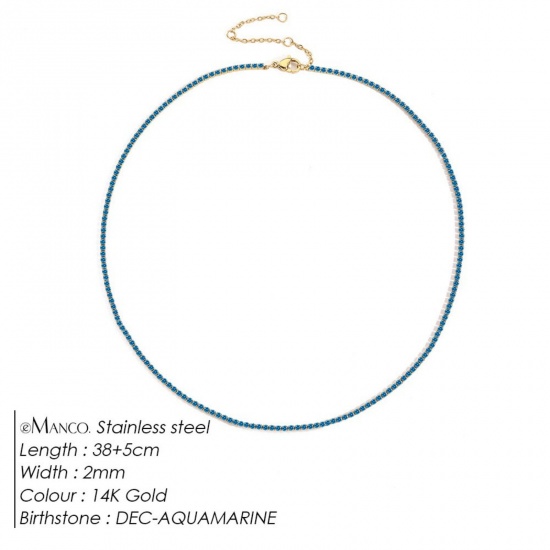 Picture of Wholesale Lake Blue Rhinestone December Birthstone Choker Necklace, 14K Gold Plated 304 Stainless Steel Women's Eco-friendly PVD Vacuum Plating Stylish Minimalist Gift Jewelry For Retailer, 38cm(15") + 5cm(2") long, 1 Piece