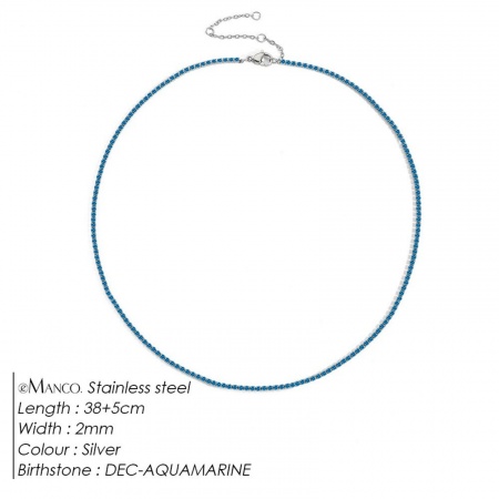 Picture of Wholesale Lake Blue Rhinestone December Birthstone Choker Necklace, Silver Tone 304 Stainless Steel Women's Eco-friendly Stylish Minimalist Gift Jewelry For Retailer, 38cm(15") + 5cm(2") long, 1 Piece