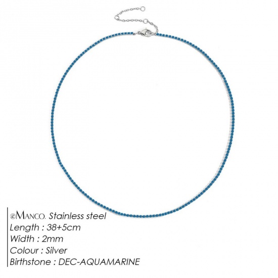 Picture of Wholesale Lake Blue Rhinestone December Birthstone Choker Necklace, Silver Tone 304 Stainless Steel Women's Eco-friendly Stylish Minimalist Gift Jewelry For Retailer, 38cm(15") + 5cm(2") long, 1 Piece