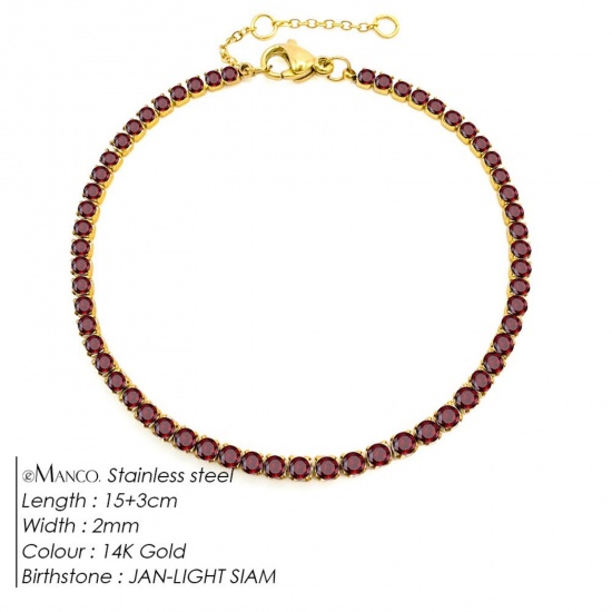 Immagine di Rosso Strass Pietra Di Nascita Gennaio 304 Acciaio Inossidabile Braccialetti All'Ingrosso, Placcato Oro 14K Placcatura Sottovuoto PVD Ecologica, Donne Elegante Minimalista Regalo Fornitura di Gioielli, 15cm Lunghezza, 1 Pz