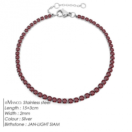 Immagine di Rosso Strass Pietra Di Nascita Gennaio 304 Acciaio Inossidabile Braccialetti All'Ingrosso, Tono Argento Ecologico, Donne Elegante Minimalista Regalo Fornitura di Gioielli, 15cm Lunghezza, 1 Pz