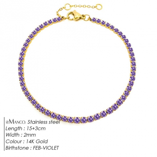 Immagine di Ametista Strass Pietra Di Nascita Febbraio 304 Acciaio Inossidabile Braccialetti All'Ingrosso, Placcato Oro 14K Placcatura Sottovuoto PVD Ecologica, Donne Elegante Minimalista Regalo Fornitura di Gioielli, 15cm Lunghezza, 1 Pz