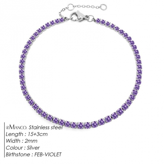 Immagine di Ametista Strass Pietra Di Nascita Febbraio 304 Acciaio Inossidabile Braccialetti All'Ingrosso, Tono Argento Ecologico, Donne Elegante Minimalista Regalo Fornitura di Gioielli, 15cm Lunghezza, 1 Pz