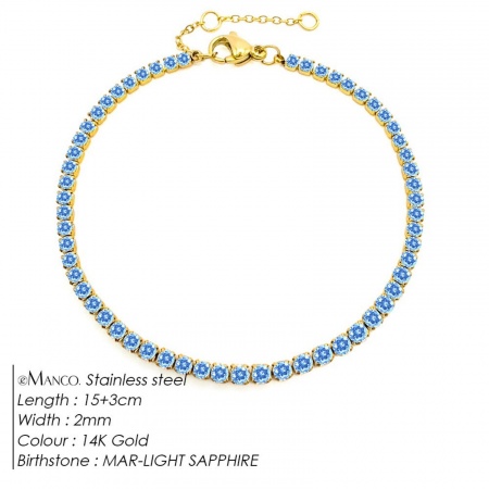 Bild von Großhandel Saphir Strassstein Geburtsstein März 304 Edelstahl Armband, 14K Vergoldet Umweltfreundliche PVD-Vakuumbeschichtung, Frauen Stilvoll Minimalistisch Geschenk Schmuckbedarf, 15cm lang, 1 Strang