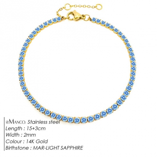 Immagine di Zaffiro Chiaro Strass Pietra Di Nascita Marzo 304 Acciaio Inossidabile Braccialetti All'Ingrosso, Placcato Oro 14K Placcatura Sottovuoto PVD Ecologica, Donne Elegante Minimalista Regalo Fornitura di Gioielli, 15cm Lunghezza, 1 Pz