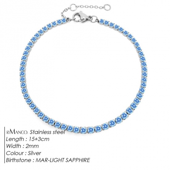 Immagine di Zaffiro Chiaro Strass Pietra Di Nascita Marzo 304 Acciaio Inossidabile Braccialetti All'Ingrosso, Tono Argento Ecologico, Donne Elegante Minimalista Regalo Fornitura di Gioielli, 15cm Lunghezza, 1 Pz