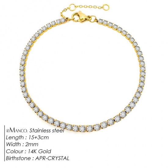 Immagine di Trasparente Strass Pietra Di Nascita Aprile 304 Acciaio Inossidabile Braccialetti All'Ingrosso, Placcato Oro 14K Placcatura Sottovuoto PVD Ecologica, Donne Elegante Minimalista Regalo Fornitura di Gioielli, 15cm Lunghezza, 1 Pz