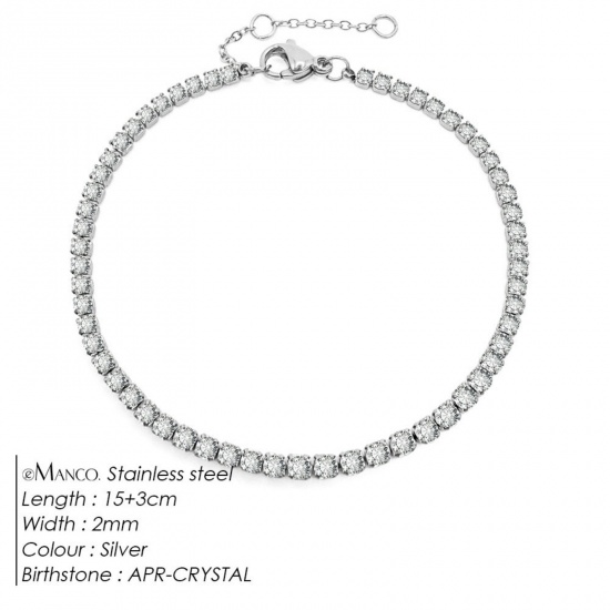 Immagine di Trasparente Strass Pietra Di Nascita Aprile 304 Acciaio Inossidabile Braccialetti All'Ingrosso, Tono Argento Ecologico, Donne Elegante Minimalista Regalo Fornitura di Gioielli, 15cm Lunghezza, 1 Pz