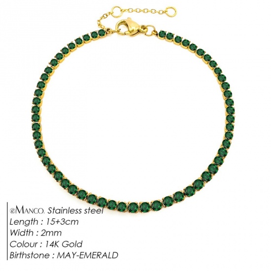 Immagine di Verde Strass Pietra Di Nascita Maggio 304 Acciaio Inossidabile Braccialetti All'Ingrosso, Placcato Oro 14K Placcatura Sottovuoto PVD Ecologica, Donne Elegante Minimalista Regalo Fornitura di Gioielli, 15cm Lunghezza, 1 Pz