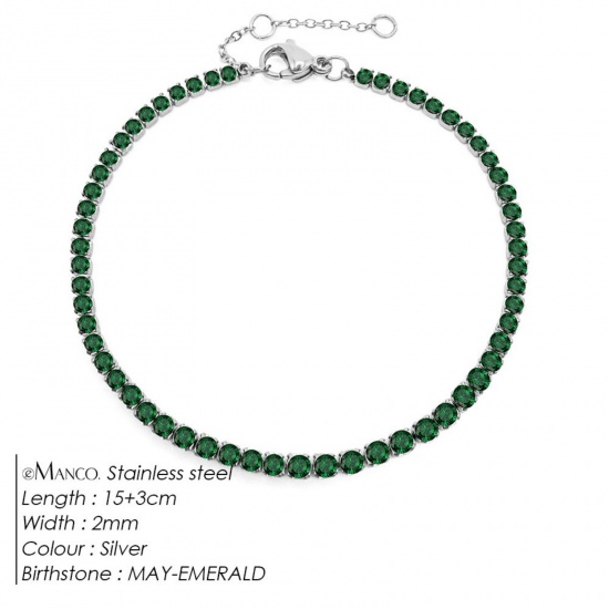 Immagine di Verde Strass Pietra Di Nascita Maggio 304 Acciaio Inossidabile Braccialetti All'Ingrosso, Tono Argento Ecologico, Donne Elegante Minimalista Regalo Fornitura di Gioielli, 15cm Lunghezza, 1 Pz
