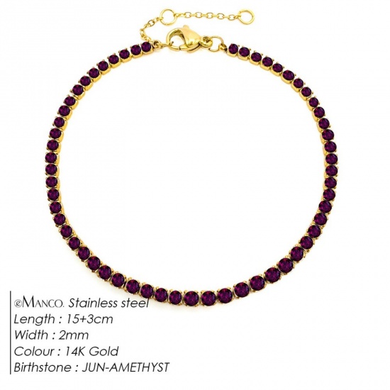 Immagine di Ametista Strass Pietra Di Nascita Giugno 304 Acciaio Inossidabile Braccialetti All'Ingrosso, Placcato Oro 14K Placcatura Sottovuoto PVD Ecologica, Donne Elegante Minimalista Regalo Fornitura di Gioielli, 15cm Lunghezza, 1 Pz