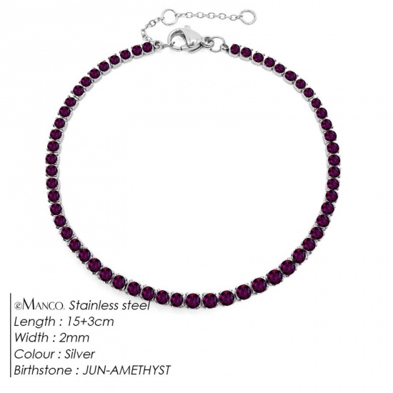 Immagine di Ametista Strass Pietra Di Nascita Giugno 304 Acciaio Inossidabile Braccialetti All'Ingrosso, Tono Argento Ecologico, Donne Elegante Minimalista Regalo Fornitura di Gioielli, 15cm Lunghezza, 1 Pz