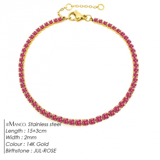 Immagine di Rosso Prugna Strass Pietra Di Nascita Luglio 304 Acciaio Inossidabile Braccialetti All'Ingrosso, Placcato Oro 14K Placcatura Sottovuoto PVD Ecologica, Donne Elegante Minimalista Regalo Fornitura di Gioielli, 15cm Lunghezza, 1 Pz