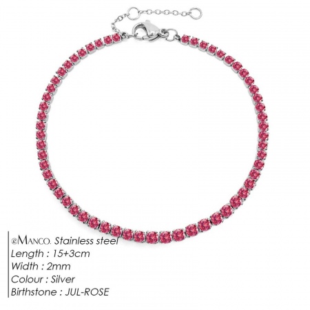 Immagine di Rosso Prugna Strass Pietra Di Nascita Luglio 304 Acciaio Inossidabile Braccialetti All'Ingrosso, Tono Argento Ecologico, Donne Elegante Minimalista Regalo Fornitura di Gioielli, 15cm Lunghezza, 1 Pz