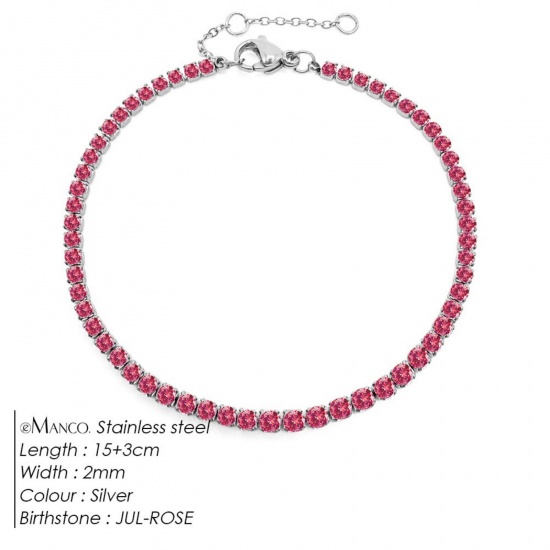 Immagine di Rosso Prugna Strass Pietra Di Nascita Luglio 304 Acciaio Inossidabile Braccialetti All'Ingrosso, Tono Argento Ecologico, Donne Elegante Minimalista Regalo Fornitura di Gioielli, 15cm Lunghezza, 1 Pz