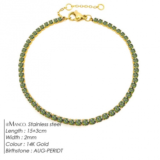 Immagine di Verde Chiaro Strass Pietra Di Nascita Agosto 304 Acciaio Inossidabile Braccialetti All'Ingrosso, Placcato Oro 14K Placcatura Sottovuoto PVD Ecologica, Donne Elegante Minimalista Regalo Fornitura di Gioielli, 15cm Lunghezza, 1 Pz