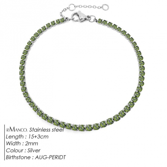 Immagine di Verde Chiaro Strass Pietra Di Nascita Agosto 304 Acciaio Inossidabile Braccialetti All'Ingrosso, Tono Argento Ecologico, Donne Elegante Minimalista Regalo Fornitura di Gioielli, 15cm Lunghezza, 1 Pz