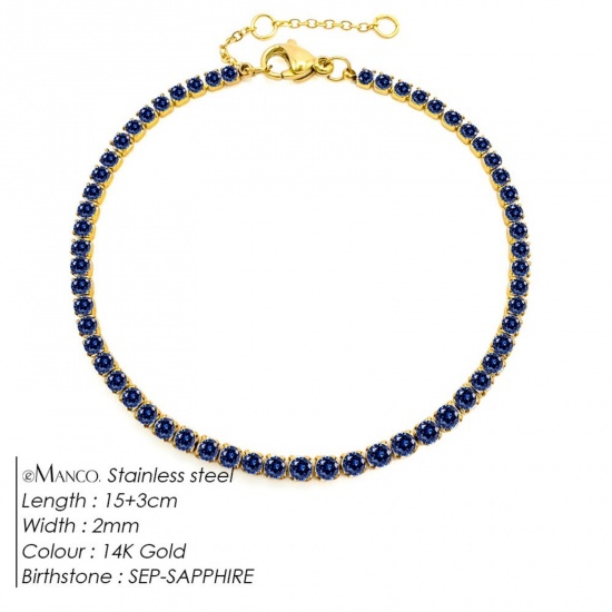 Immagine di Blu Marino Strass Pietra Di Nascita Settembre 304 Acciaio Inossidabile Braccialetti All'Ingrosso, Placcato Oro 14K Placcatura Sottovuoto PVD Ecologica, Donne Elegante Minimalista Regalo Fornitura di Gioielli, 15cm Lunghezza, 1 Pz