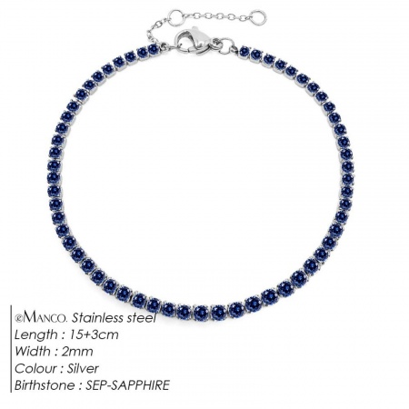 Immagine di Blu Marino Strass Pietra Di Nascita Settembre 304 Acciaio Inossidabile Braccialetti All'Ingrosso, Tono Argento Ecologico, Donne Elegante Minimalista Regalo Fornitura di Gioielli, 15cm Lunghezza, 1 Pz