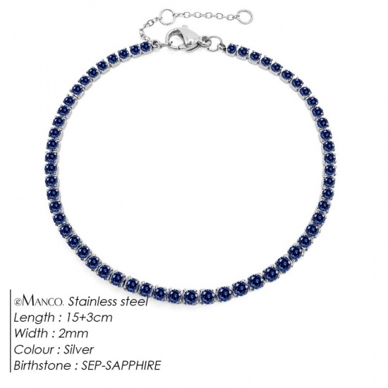 Immagine di Blu Marino Strass Pietra Di Nascita Settembre 304 Acciaio Inossidabile Braccialetti All'Ingrosso, Tono Argento Ecologico, Donne Elegante Minimalista Regalo Fornitura di Gioielli, 15cm Lunghezza, 1 Pz