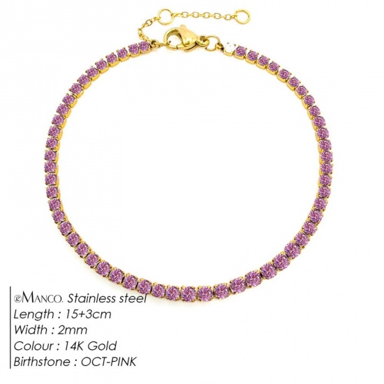 Immagine di Roso Strass Pietra Di Nascita Ottobre 304 Acciaio Inossidabile Braccialetti All'Ingrosso, Placcato Oro 14K Placcatura Sottovuoto PVD Ecologica, Donne Elegante Minimalista Regalo Fornitura di Gioielli, 15cm Lunghezza, 1 Pz