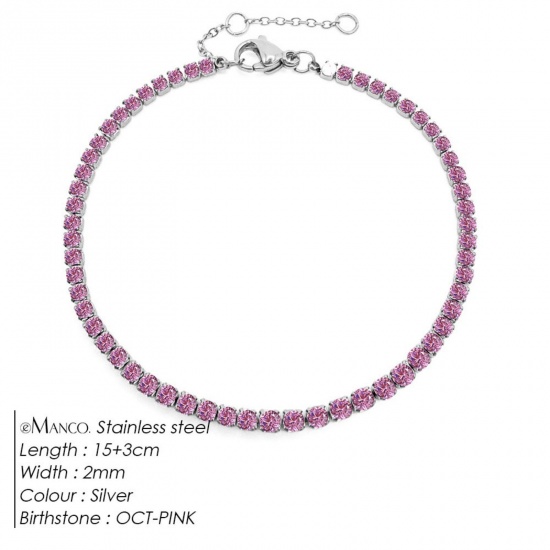 Immagine di Roso Strass Pietra Di Nascita Ottobre 304 Acciaio Inossidabile Braccialetti All'Ingrosso, Tono Argento Ecologico, Donne Elegante Minimalista Regalo Fornitura di Gioielli, 15cm Lunghezza, 1 Pz