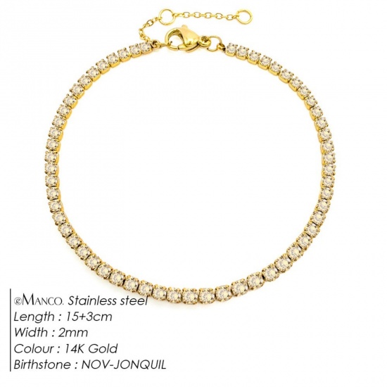 Immagine di Giallo Chiaro Strass Pietra Di Nascita Novembre 304 Acciaio Inossidabile Braccialetti All'Ingrosso, Placcato Oro 14K Placcatura Sottovuoto PVD Ecologica, Donne Elegante Minimalista Regalo Fornitura di Gioielli, 15cm Lunghezza, 1 Pz