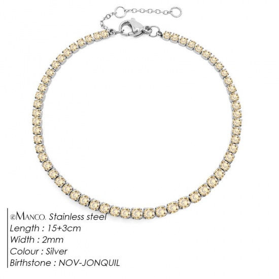 Immagine di Giallo Chiaro Strass Pietra Di Nascita Novembre 304 Acciaio Inossidabile Braccialetti All'Ingrosso, Tono Argento Ecologico, Donne Elegante Minimalista Regalo Fornitura di Gioielli, 15cm Lunghezza, 1 Pz
