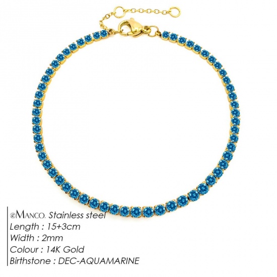 Immagine di Lago Blu Strass Pietra Di Nascita Dicembre 304 Acciaio Inossidabile Braccialetti All'Ingrosso, Placcato Oro 14K Placcatura Sottovuoto PVD Ecologica, Donne Elegante Minimalista Regalo Fornitura di Gioielli, 15cm Lunghezza, 1 Pz