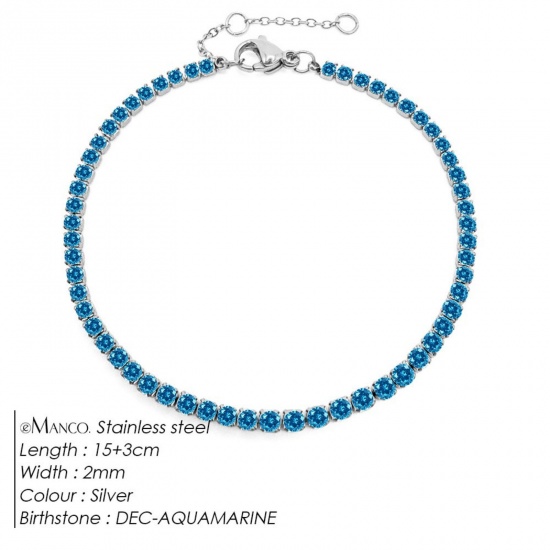 Immagine di Lago Blu Strass Pietra Di Nascita Dicembre 304 Acciaio Inossidabile Braccialetti All'Ingrosso, Tono Argento Ecologico, Donne Elegante Minimalista Regalo Fornitura di Gioielli, 15cm Lunghezza, 1 Pz